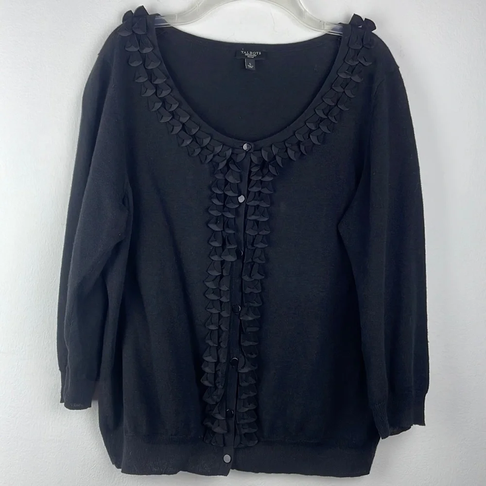 Talbots Black Linen and Cotton Blend Cardigan Sweater w/ Decorative Lining Sz L